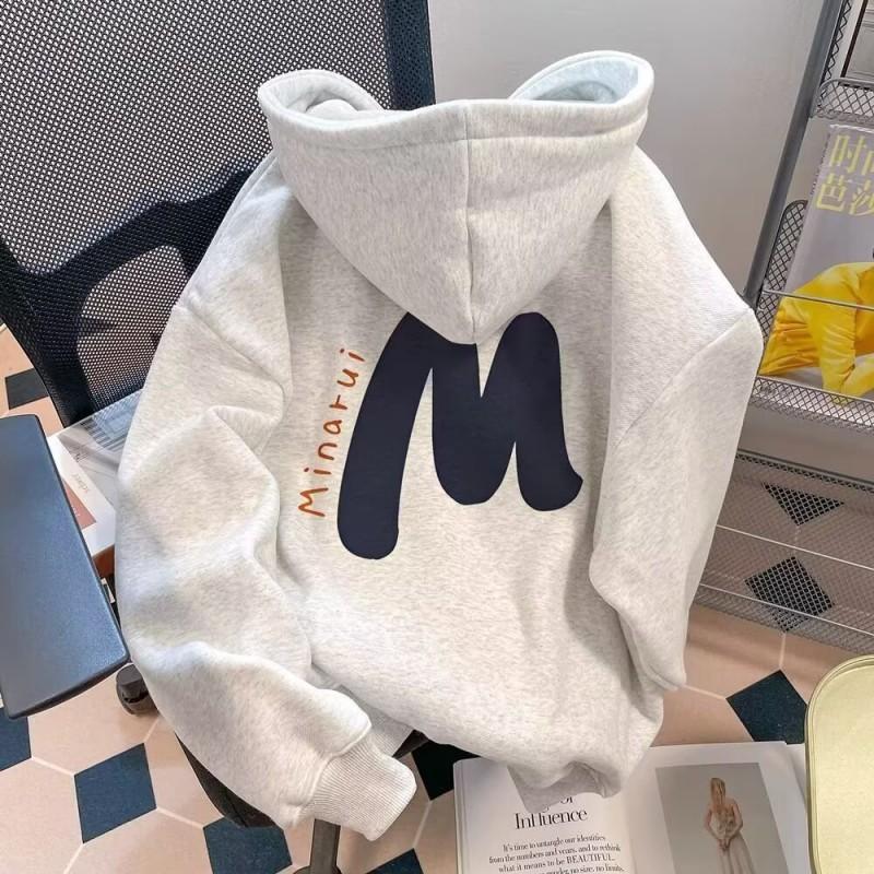 Unisex Oversized Hooded Sweatshirt With Letter Print Fleece-Lined Warm Casual Top Winter