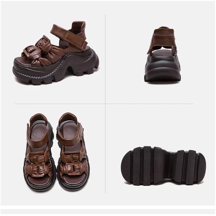 Johnature Дышащие сандалии с открытым носком из натуральной кожи ручной работы, ретро, для通勤, женская обувь на платформе