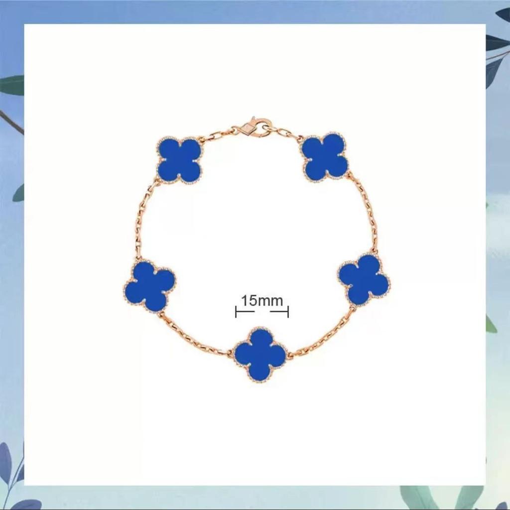 Браслет с четырехлистным клевером и пятью цветами, женский, 18k, с цветком удачи, с белым перламутром