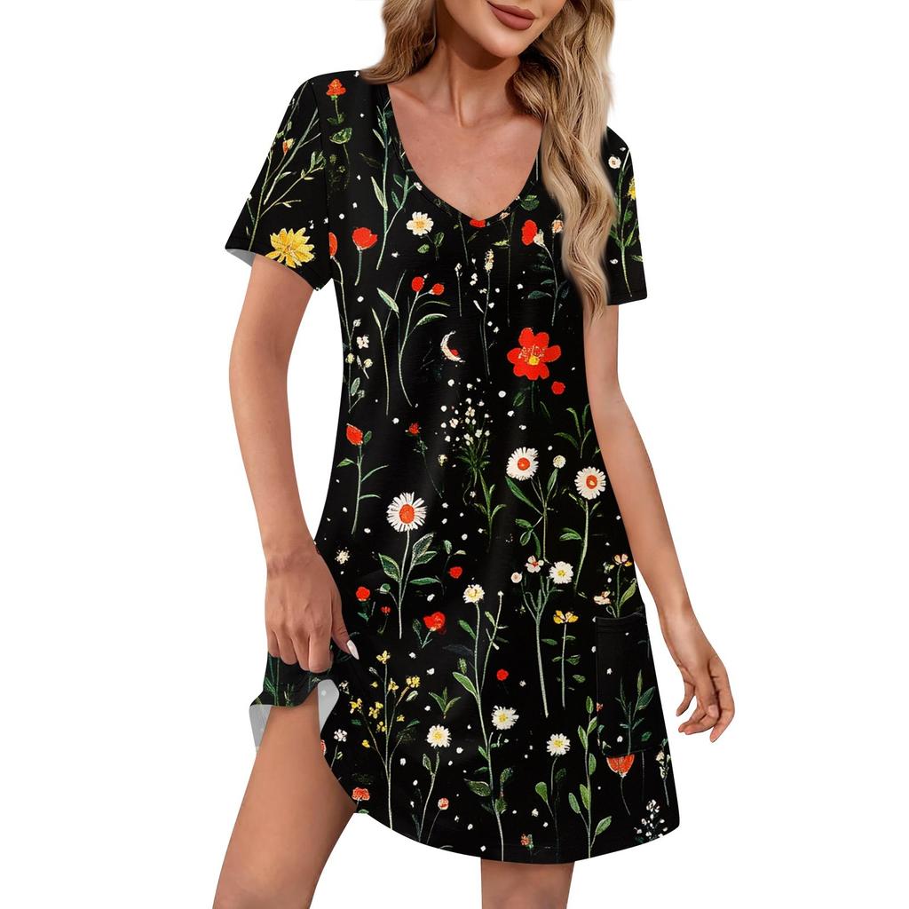Women's Fashion Casual Printed With Pockets Bohemian Beach V-Neck Short Sleeve Dresses