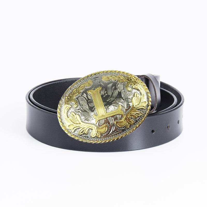 Whole Cowhide Retro Men's Belt Letter L Gold and Silver Two-color Oval Buckle Belt Men