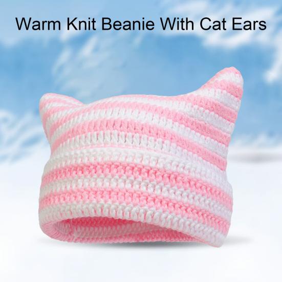 Autumn Winter Outdoor Warm Knitting Caps Cute Striped Cat Ear Hat No Brim Thickened Stretchy Yarn Knitted Beanie Hat
