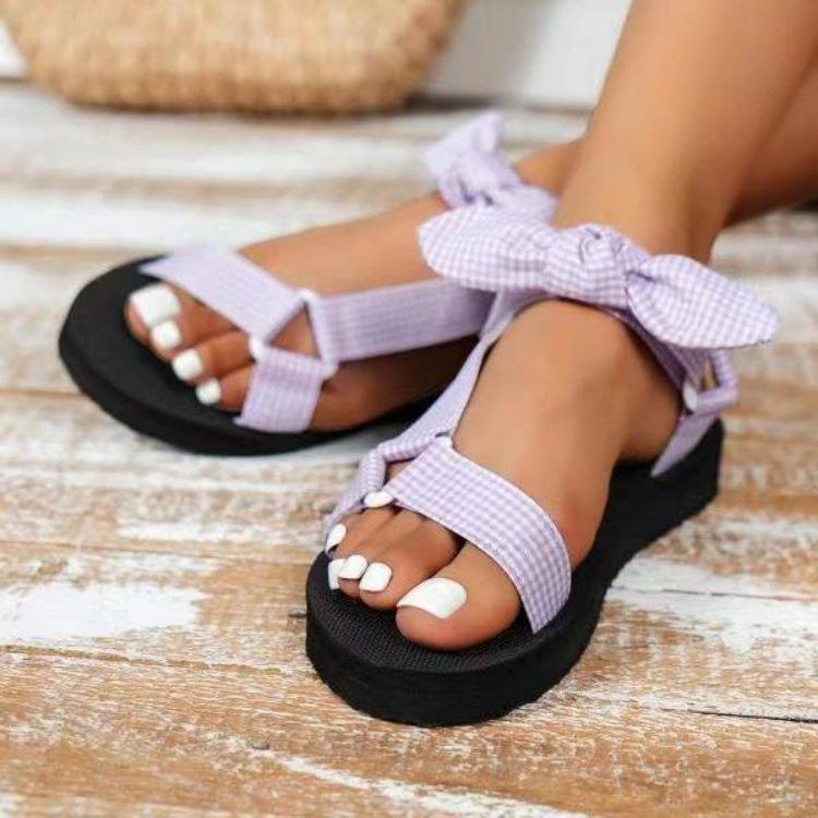 Новинка 2022 года, туфли с сетчатым бантом и открытым носком с губчатой подошвой, большие женские сандалии на липучке и одной линии с пряжкой