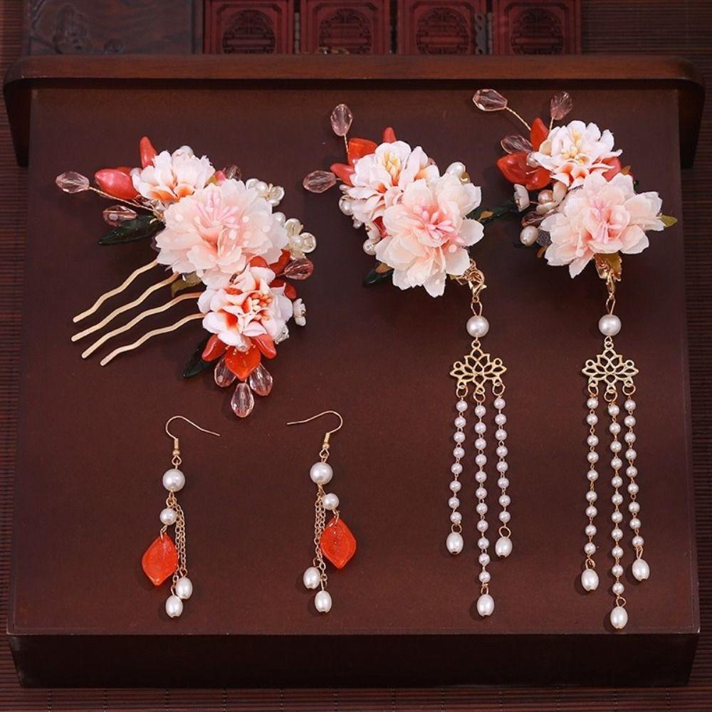 Earring Hanfu Hair Stick Pearl Flower Hair Comb Chinese Style Hairpin Set  Hairstyle Design Tool
