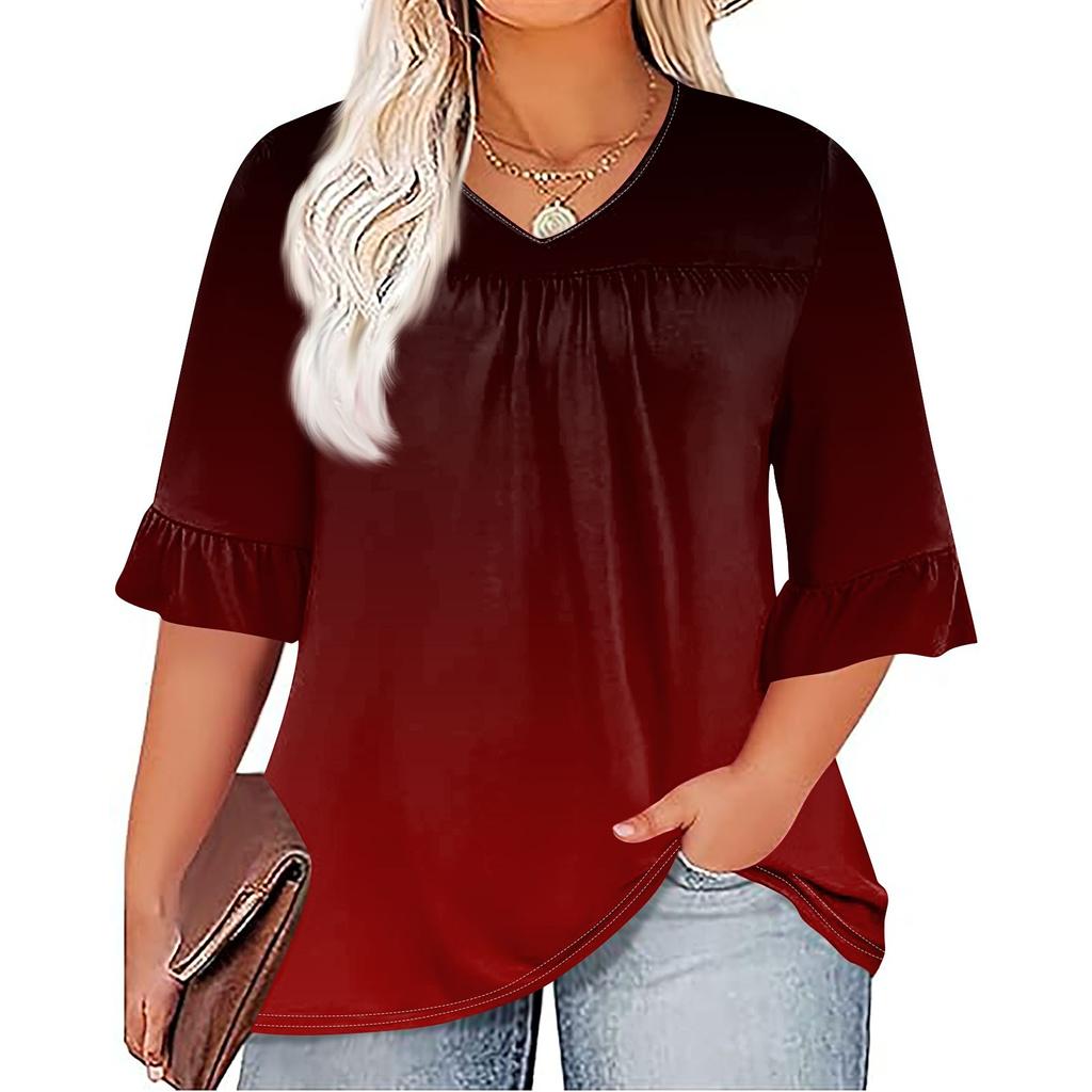 Женская мода, повседневная плиссированная футболка с v-образным вырезом и принтом, семиминутная футболка с рюшами и рукавами, топы больших размеров