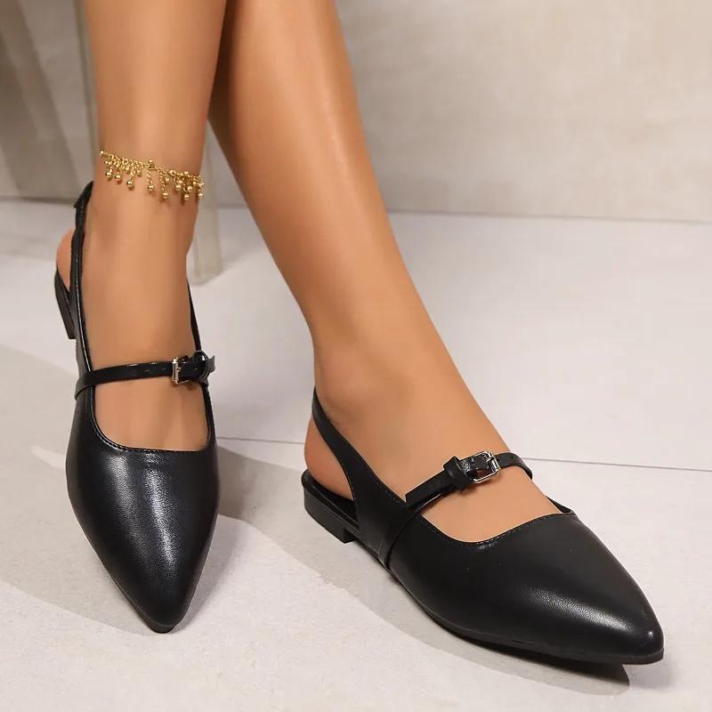 Летняя новая корейская версия женских сандалий черного цвета с заостренным кончиком и пустыми французскими простыми повседневными сандалиями длиной 42 ярда