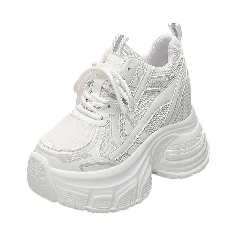 Мода 10 см Женские Осенние Дышащие Сетчатые Кроссовки из Микрофибры на Высокой Платформе и Танкетке Модные Женские Массивные Спортивные Кроссовки на Шнуровке в Стиле "Папа"