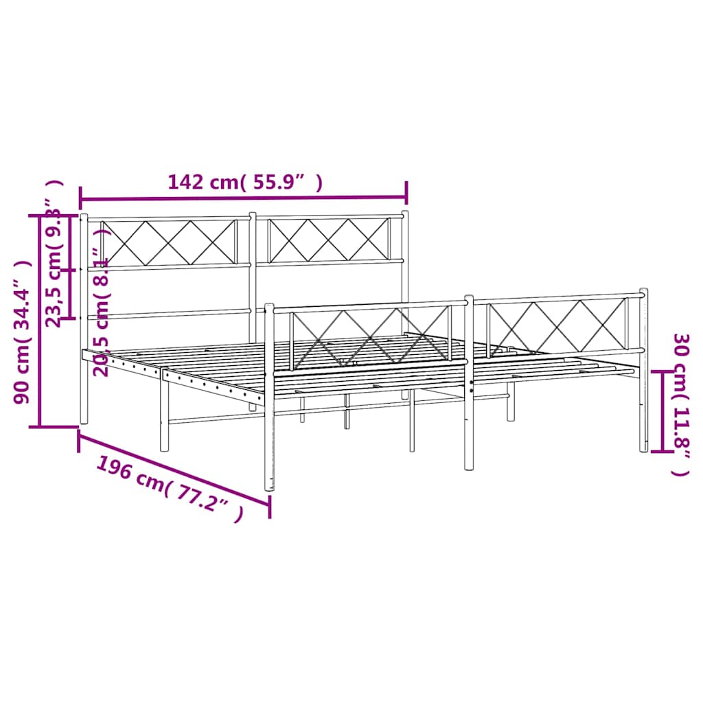 Metal Bed Frame with Headboard and Footboard Black 135 x 190 cm