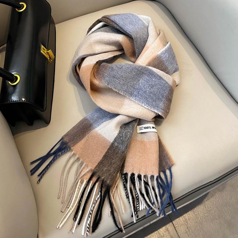 British Plaid Pure Wool Scarf Winter Women's Retro Blue Girls Couple Versatile Warm Scarf Men's Gift