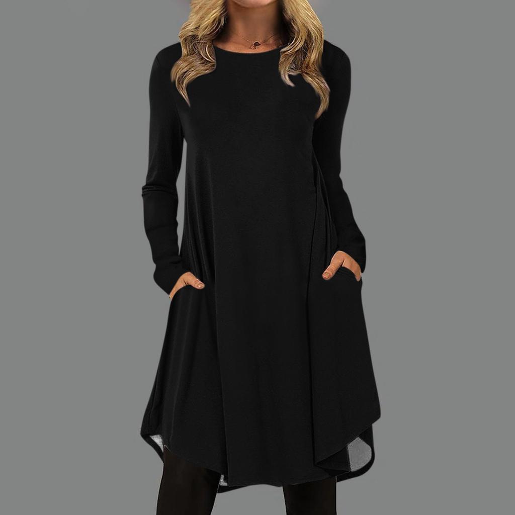 Женская мода повседневное сплошной цвет пуловер с круглым вырезом свободное платье с длинным рукавом