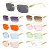 Rimless Rectangle Sunglasses Retro Clear Ocean Lens Sun Glasses Cheetah Decoration Shades UV400 Eyewear for Women Men