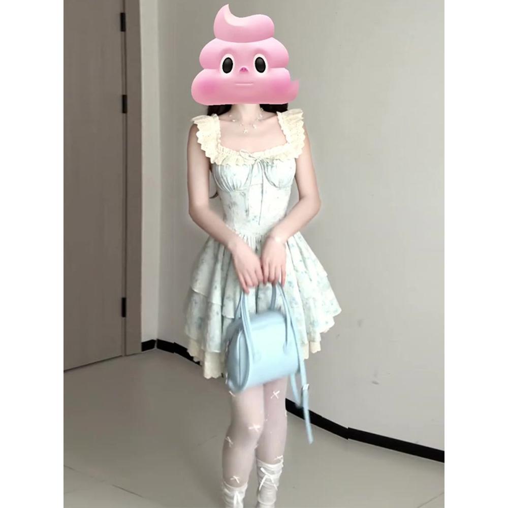 French Small Flying Sleeves Lace Splicing Floral Waist High Design Girl Dress Waist Thin Princess Dress