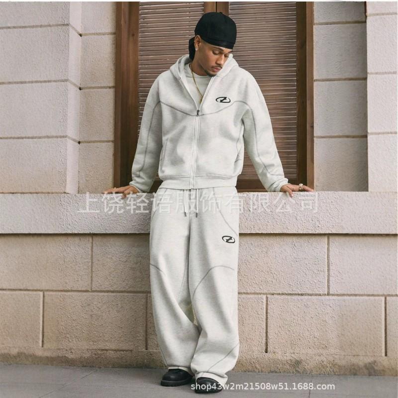 Mens Oversized Hooded Zip-Up Sweatshirt Set Casual Streetwear 2-Piece Outfit 2026