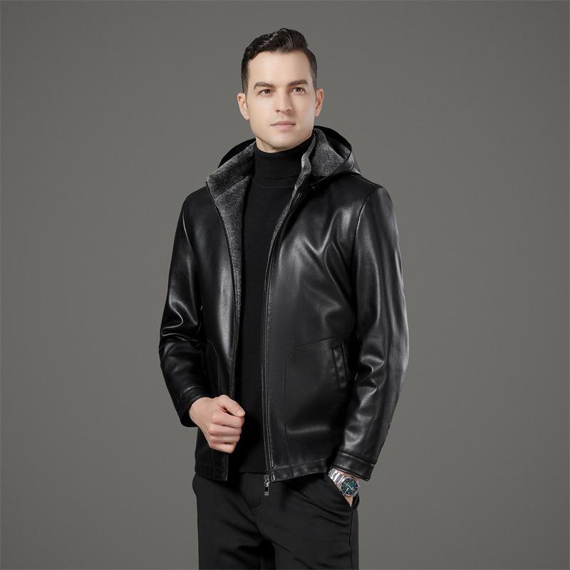 Мужская куртка из натуральной кожи осень-зима новый стиль средний возраст повседневный с капюшоном темперамент ветрозащитный плюс бархат кожаная куртка