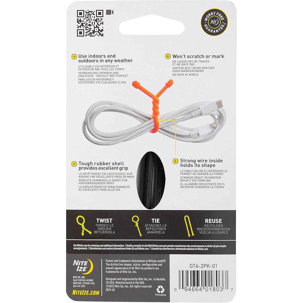 Nite Ize Gear Tie 6 дюймов Черный 2 шт. Гибкие завязки-скрутки