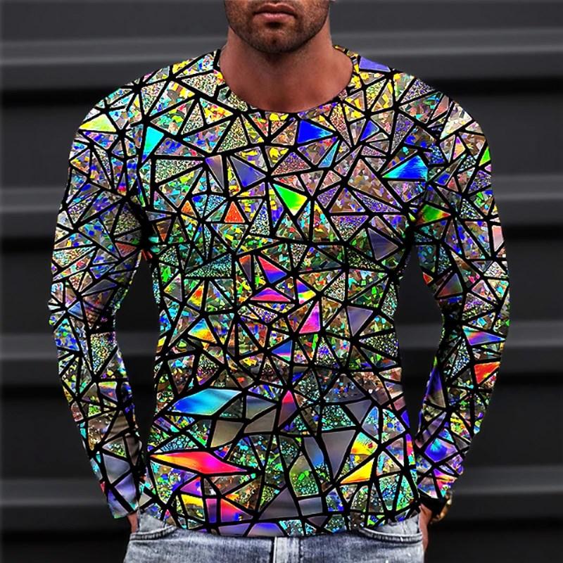 Spring and Autumn Round Neck 3D Colorful Geometric Pattern Printed Top Fashionable Casual Optical Illusion Long Sleeved Men's T-shirts