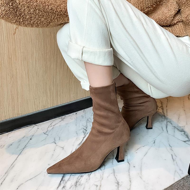 Короткие заостренные сапоги женские 2024 новые кофейные сапоги на высоком каблуке эластичные носки сапоги осень и зима бархатные голые сапоги тонкие каблуки тонкие сапоги
