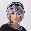 New Woman Rex Rabbit Fur Hat Rose Pattern Hairball Wire Fabric Lining Multiple Color Options Winter Warm