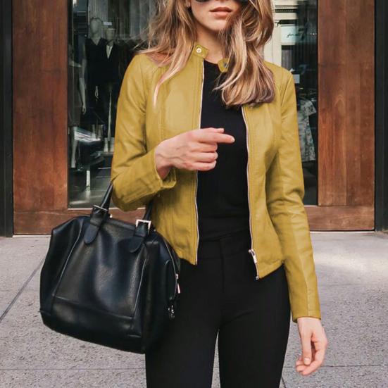 Женская осенне-весенняя куртка из гладкой искусственной кожи, сплошной цвет, на молнии с длинным рукавом, ветрозащитный воротник-стойка, облегающее женское мотоциклетное пальто