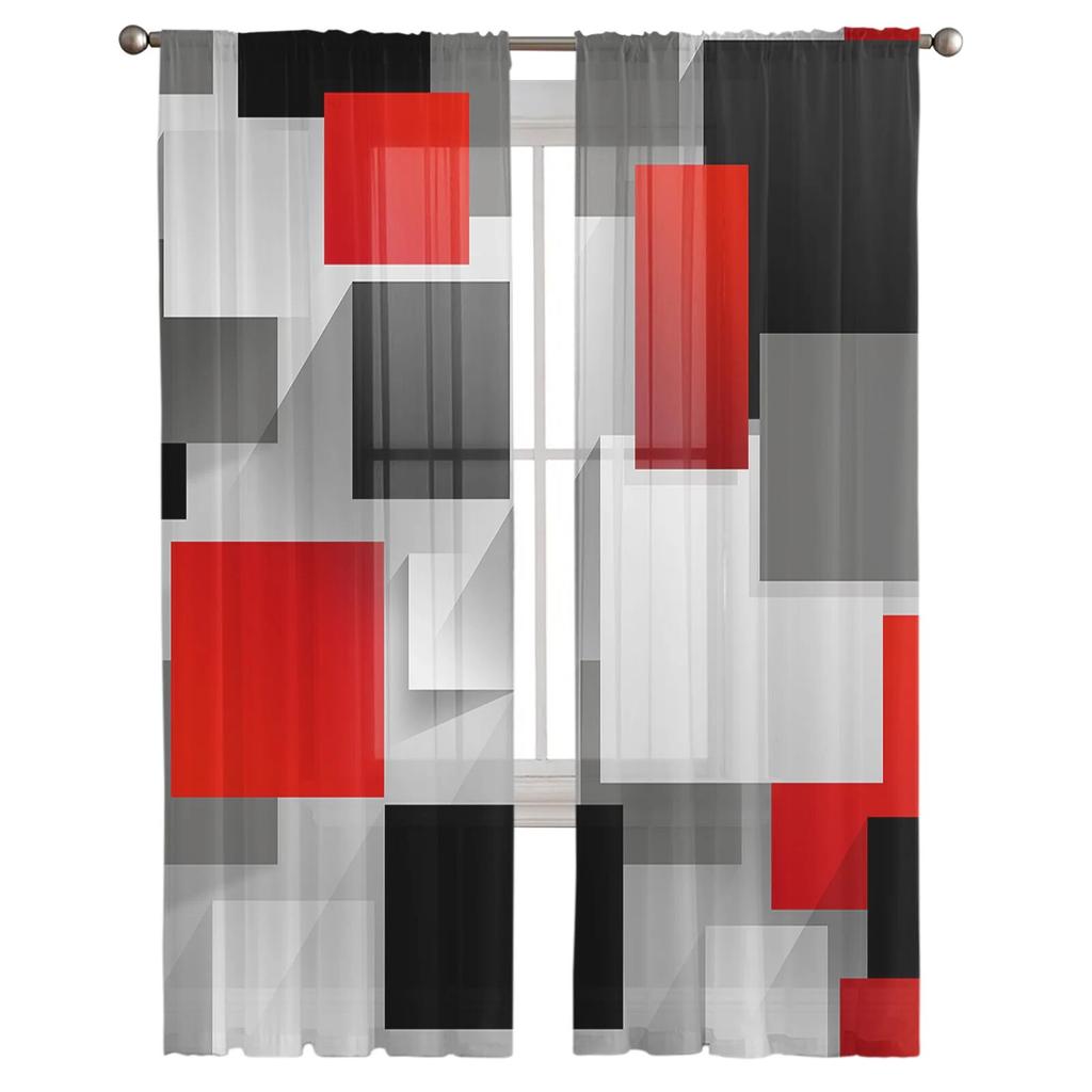 Geometric Figures Red Black Grey Abstract Bedroom Transparent Sheer Curtains Holiday Decoration Window Voile Tulle Curtain