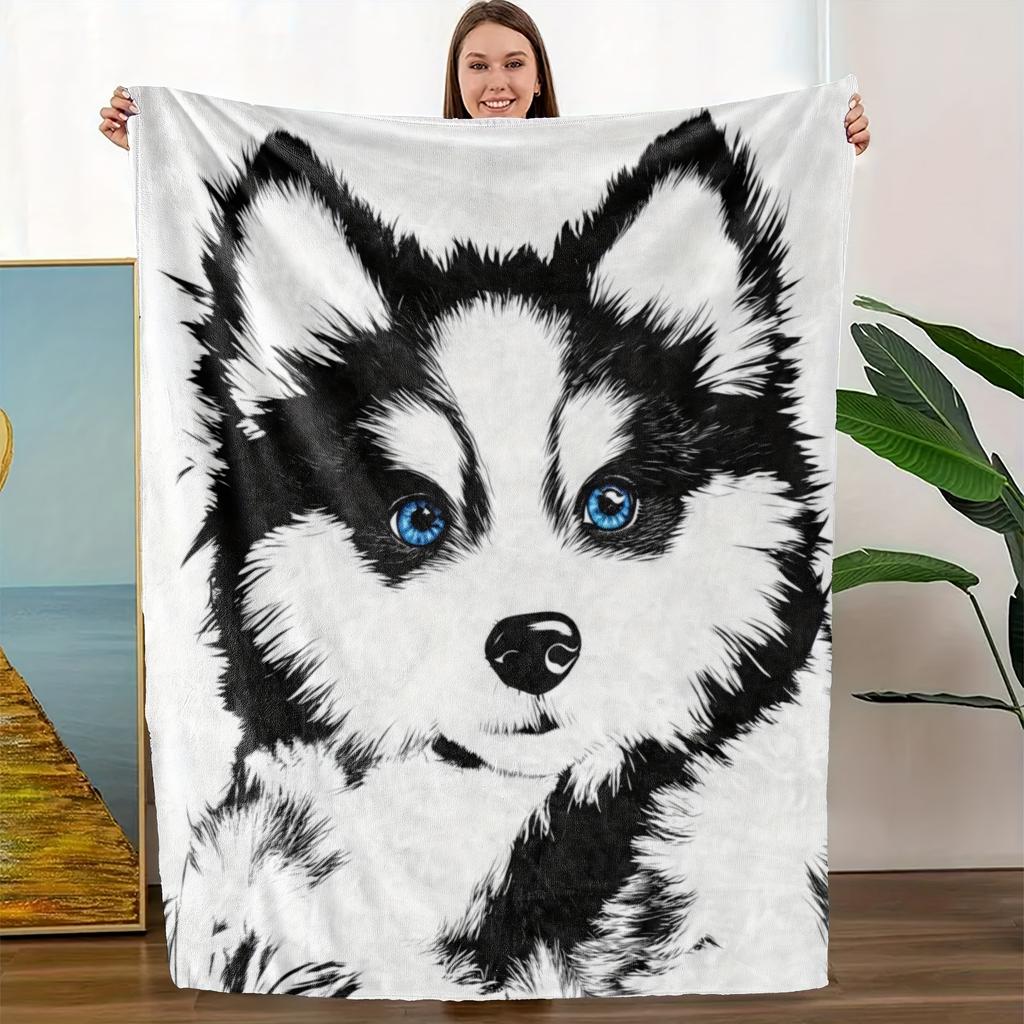 1pc Soft Flannel Blanket - Black & White Dog with Blue Eyes, HD Digital Print Throw - All-Season Couch, Bed, Gift - Machine Wash
