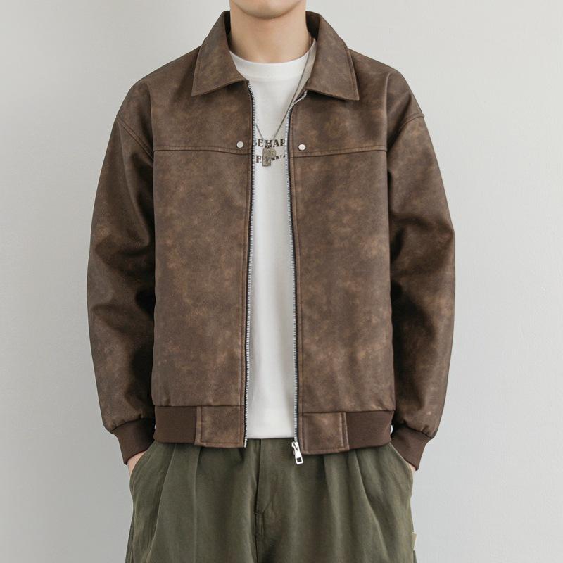 Осенняя мужская новая модная повседневная кожаная куртка в гонконгском стиле с лацканами, свободная куртка из ПУ кожи