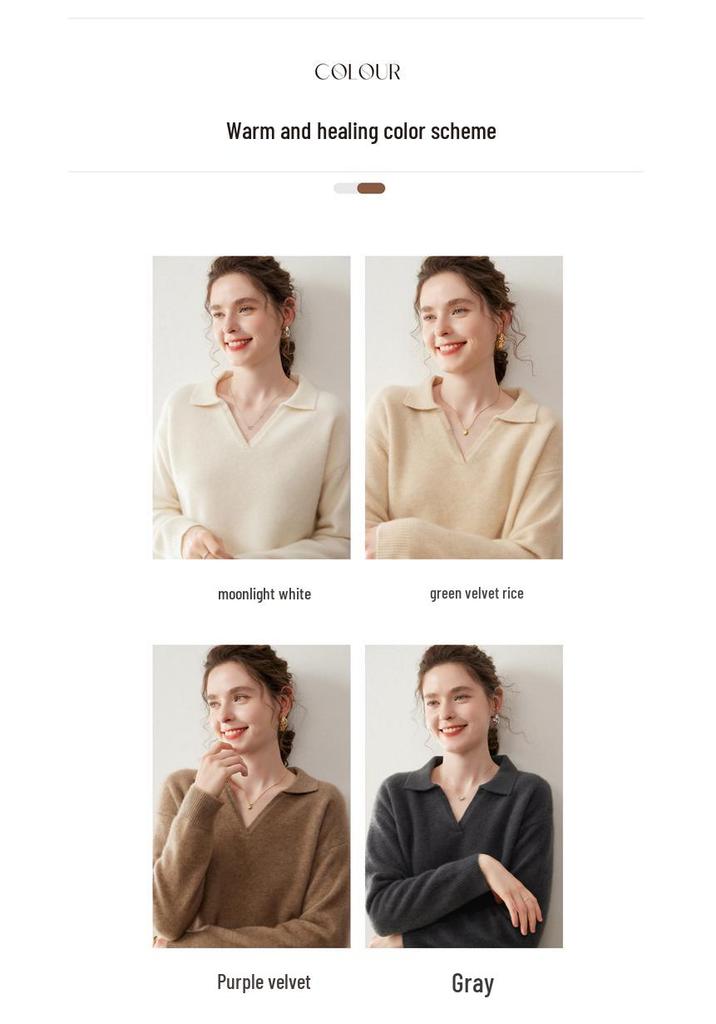 Women's Cashmere Knit POLO Collar Long Sleeve Pullover Sweater - Warm & Solid Color for Autumn/Winter