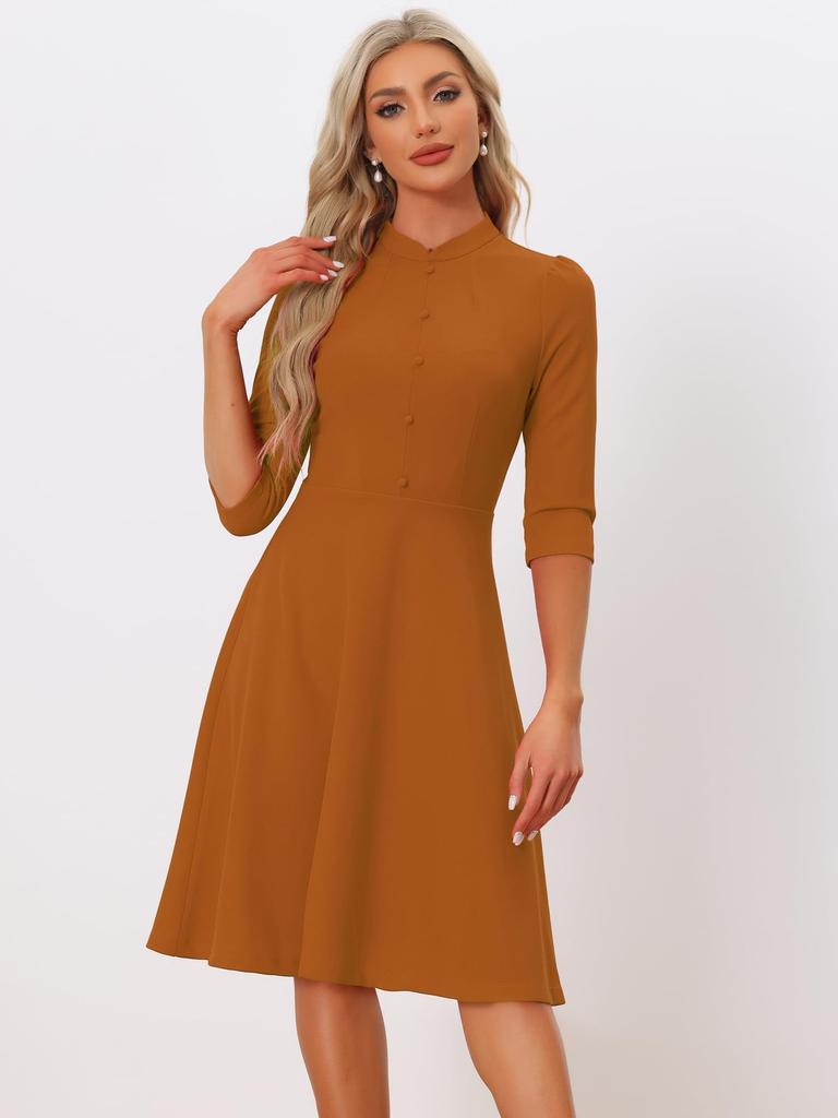 Allegra K Elegant A-Line Sheath Dress with Three-Quarter Sleeves and Stand Collar, Dark Orange, Size S