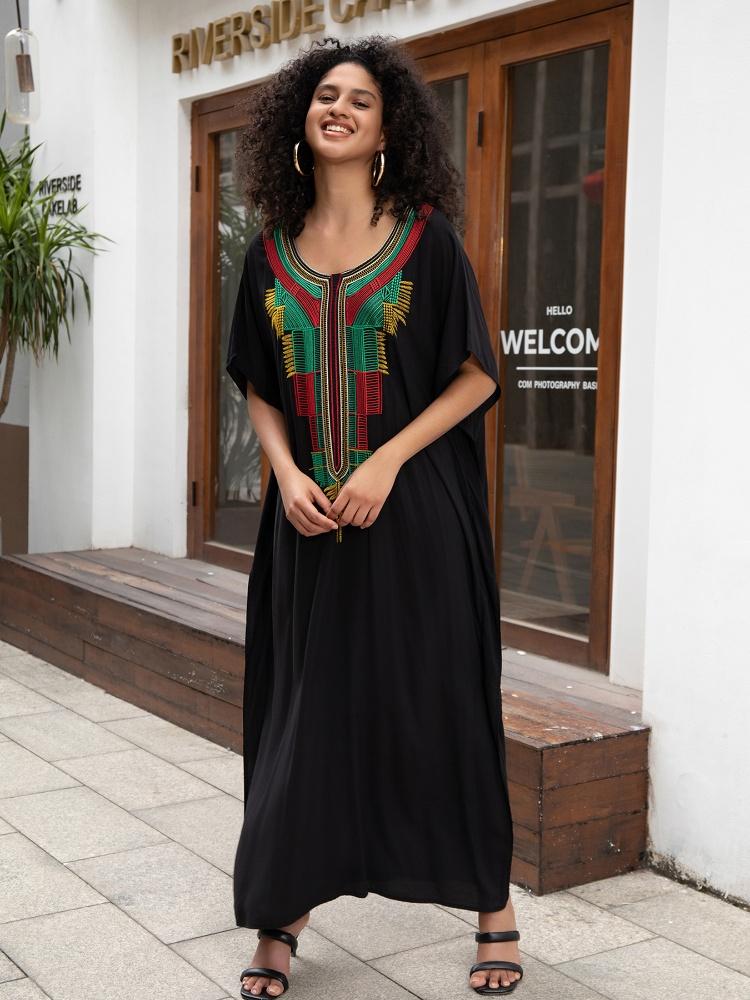 EDOLYNSA Colorful Embroidered Black Women Robe Kaftan Bohemian Long Dress Relaxed Vacation House Dress Swimsuit Cover-up Q1660