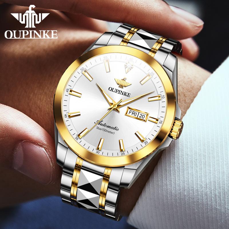 OUPINKE Мужские часы с двойным календарем, автоматические механические часы, водонепроницаемые высококачественные часы с бриллиантами
