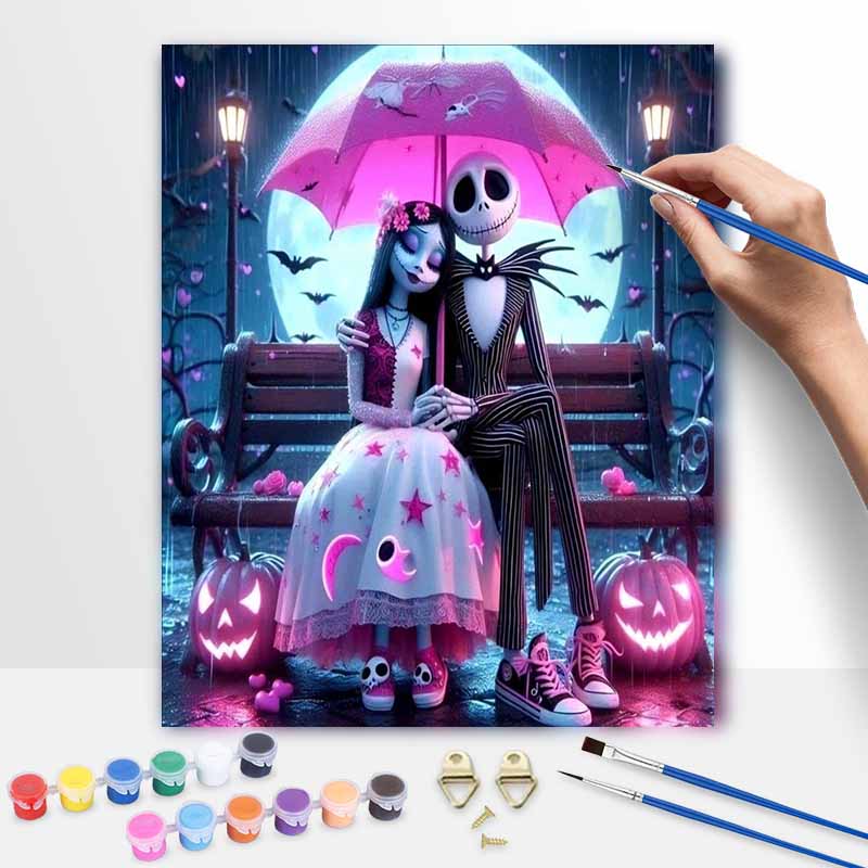 Disney Nightmare Before Christmas Painting Kit Home Bedroom Wall Decor Handmade Gift Romantic Jack and Sally Pink Moonlit Night Art
