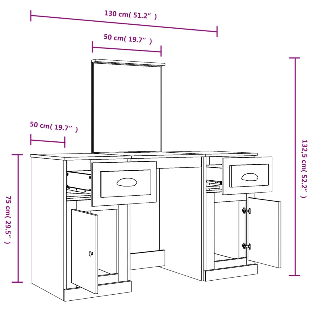 Makeup Table with Mirror White 130 x 50 x 132.5 cm