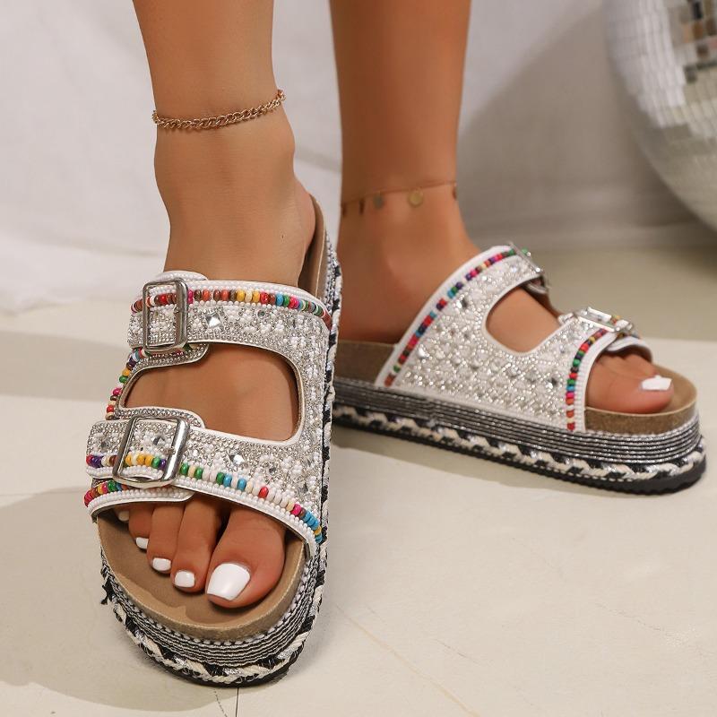 Summer New Thick-soled Hemp Rope Double-buckle Rhinestone Cork Beach Slippers Large Size Colored Women's Shoes