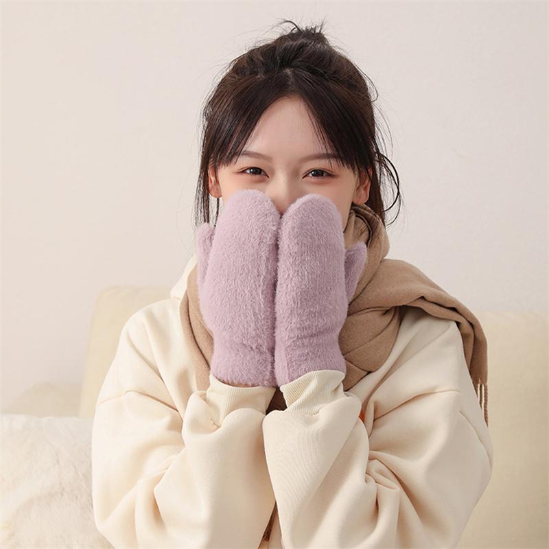 Женские зимние теплые кашемировые однотонные искусственные меховые норки эластичные мягкие варежки с полными пальцами милые перчатки для девочек