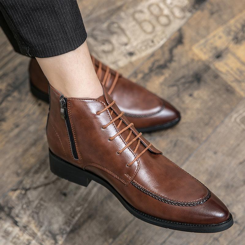 High Quality Low Heeled Lace Up Brown Chelsea Mens Boots Business Leather Men Designer 2025 Casual Pointed Cowboy Boots