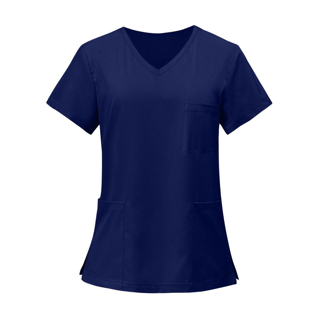Women's Fashion Solid Short Sleeve V Neck Pattern Tops Pocket Working T-shirts