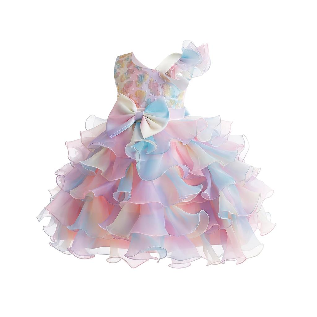 Miipat Rainbow Party Dress with Sequins and Perfect for Formal and Size Kids' Dress, Off-the-Shoulder Ribbons, Occasions, Recitals, Birthdays,