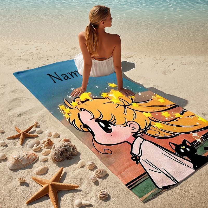 Personalized Name Moonlit Guardian Stylish Digital Printing Beach Towel Quick‑Drying Absorbent Blanket for Beach Pool Gym Travel