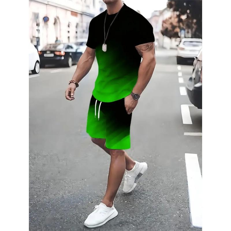 2025 Urban Street Trend Men's Suit Summer Casual Short Sleeve Shorts 2 Pieces Unique Geometric Print Outdoor Casual