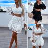 2 Pcs/Set V Neck Lace Hollow Out Solid Color Waist-exposed High Waist Long Sleeves See-through Ruffle Hem Soft Women Top Skirt Set