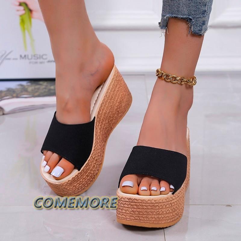 Модные высококачественные мягкие кожаные удобные женские туфли лето 2024 роскошные тапочки уличные сандалии на танкетке с открытым носком женские шлепанцы