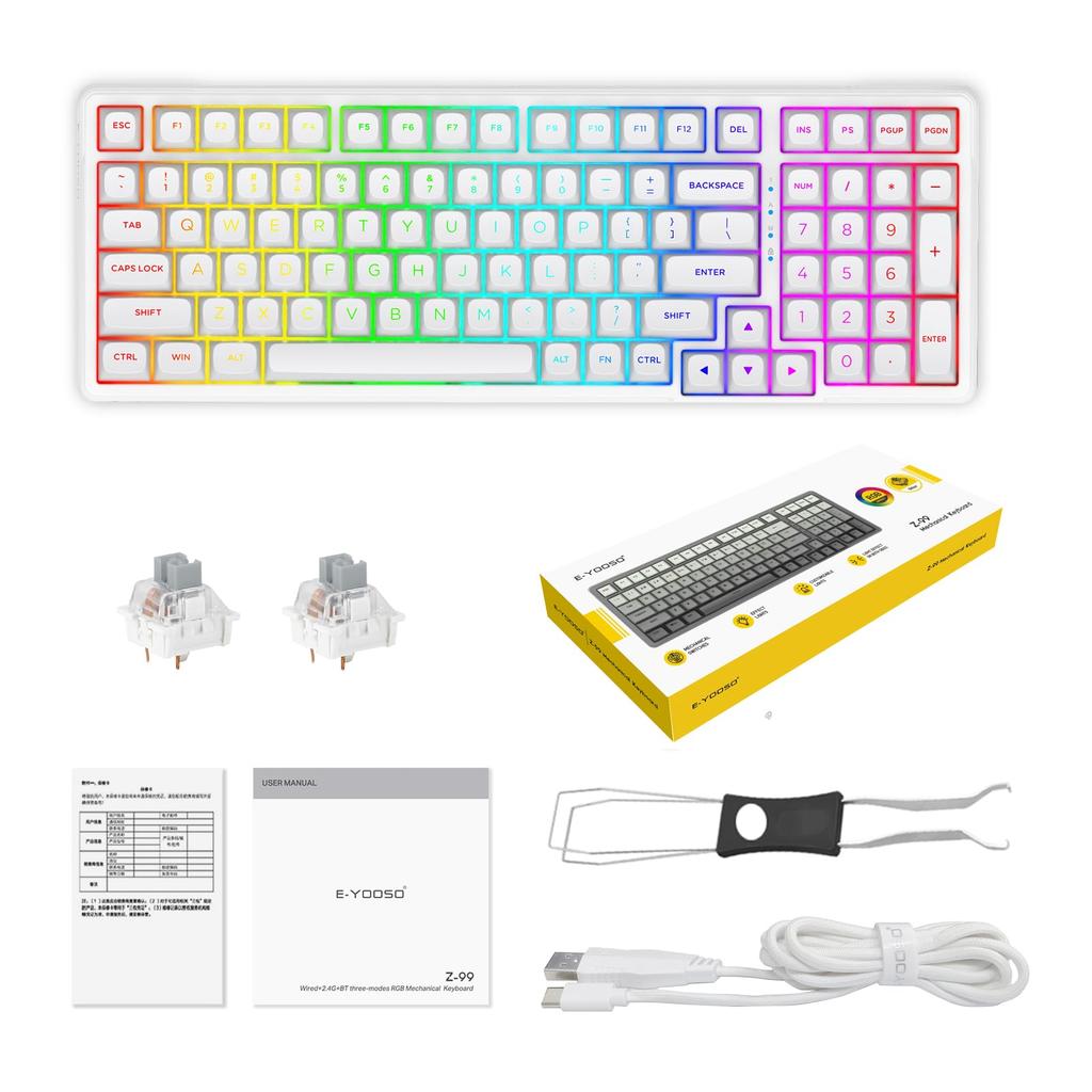 Gaming Keyboard Silver Wood Switch Mechanical Keyboard with USB Wired English 99 Full Key Hot Silver RGB Full Key Compatible with Windows and Mac