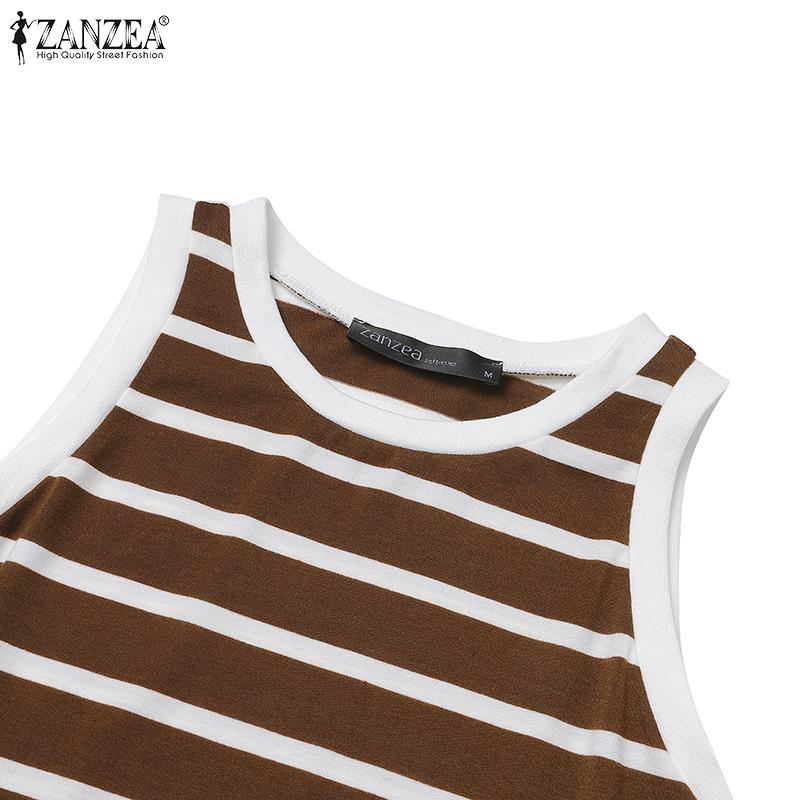 ZANZEA Женские винтажные трикотажные платья с круглым вырезом без рукавов в полоску