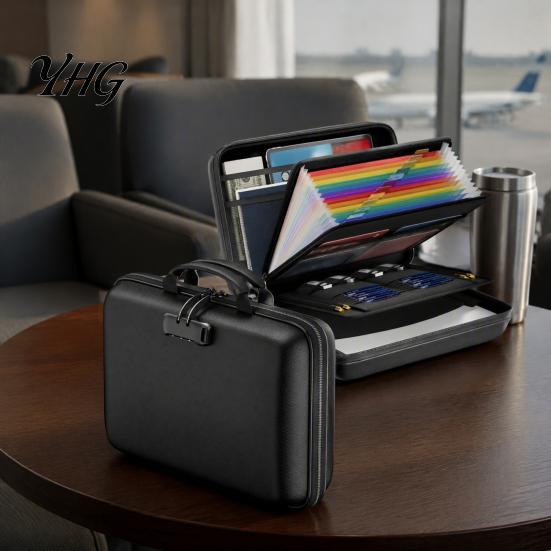 Multi-compartment Document Bag Fireproof Box with Combination Lock, Hard Shell Portable File Organizer, Secure Contracts Folder Multi Compartment