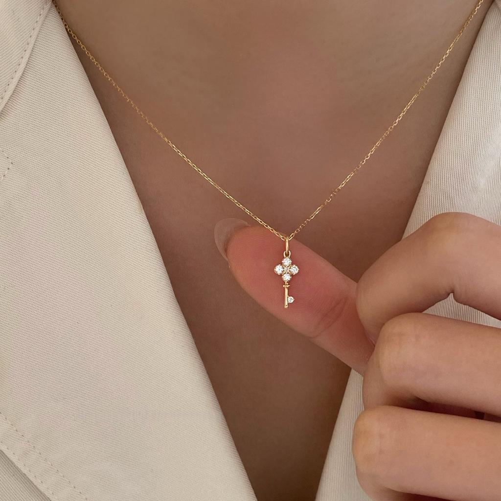 925 Sterling Silver 18K Gold Plated Key Necklace, Dainty CZ Key Pendant Choker, Minimalist Hypoallergenic Jewelry for Women