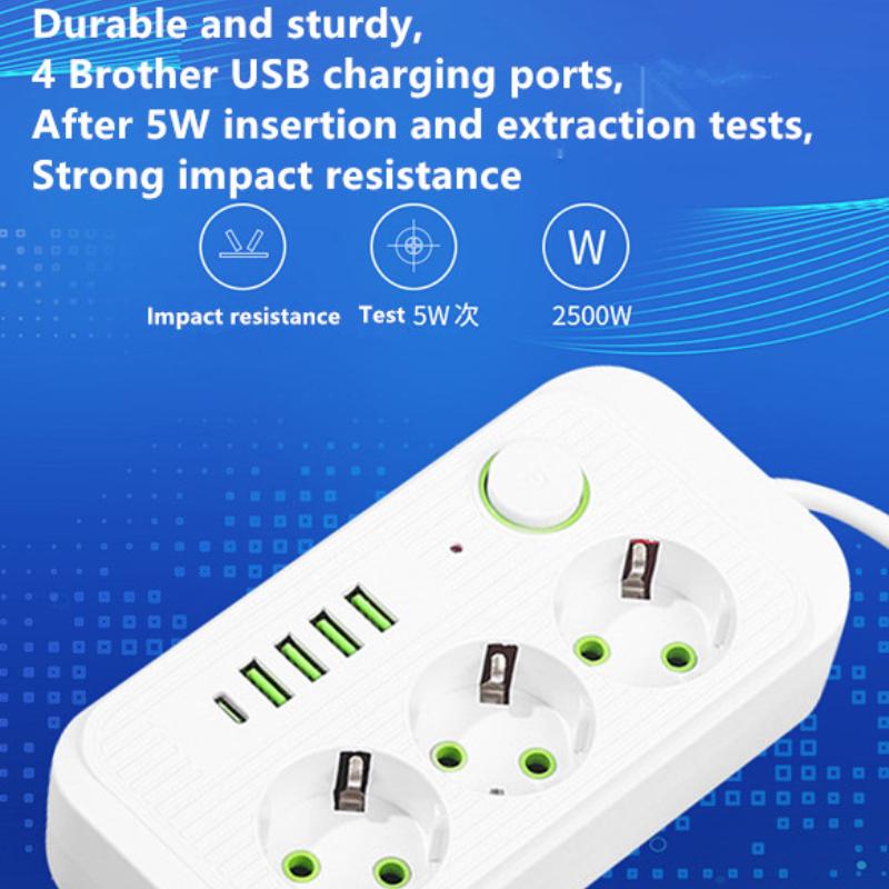 Розетки переменного тока с вилкой ЕС, удлинитель с несколькими ответвлениями, сетевой фильтр с USB-адаптером типа C для быстрой зарядки