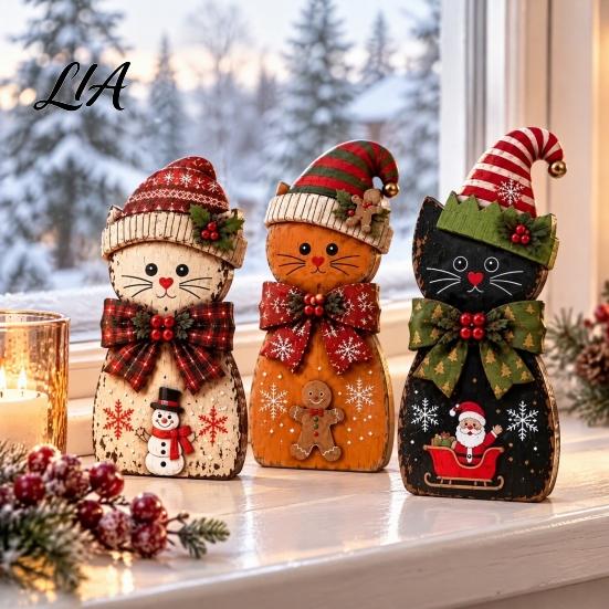 Wooden Desktop Decorations 3Pcs Christmas Cat Tabletop Decor, Rustic 2D Figurines with Xmas Window Decor Hat, Santa & Gingerbread Patterns for Holiday