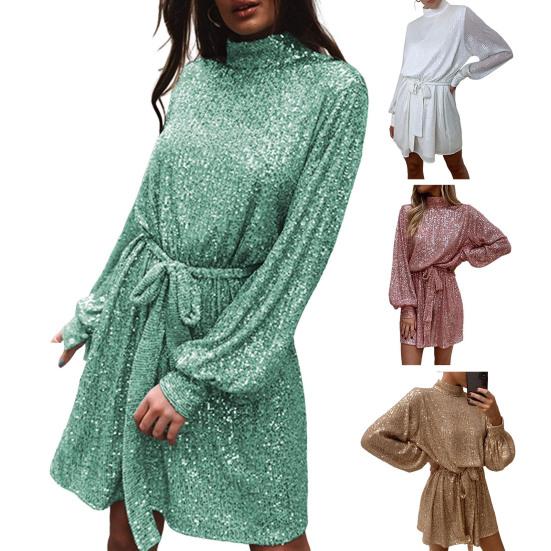 Женское платье со шнуровкой и блестками, короткое платье с круглым вырезом и длинными рукавами, однотонное весенне-осеннее платье с поясом на талии для вечеринок, свадеб, клубов, баров