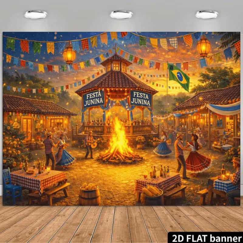 Двумерный Баннер-Фон Фестиваля Festa Junina, Задник с Сценой Деревенского Пейзажа для Фотосессии на Вечеринке
