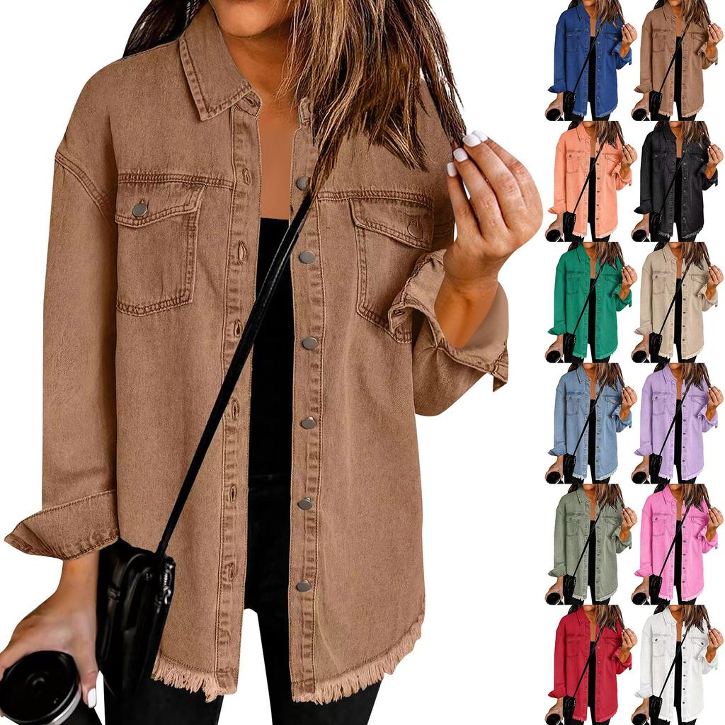 Women's Fashion Denim Shirt Jacket Milled Hem Button Casual Long Sleeve Jacket